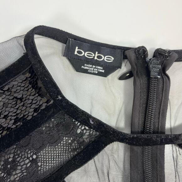 NWT Bebe XXS Bodycon Mini Dress Black Velvet Mesh Nude Sequin Lace Sleeveless - Picture 9 of 15